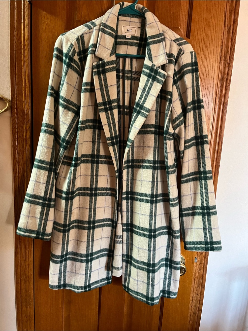 Have Cream and Green Plaid Open-Front Trench Coat